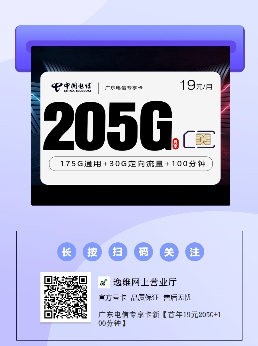 广东电信专享卡【首年19元205G+100分钟】